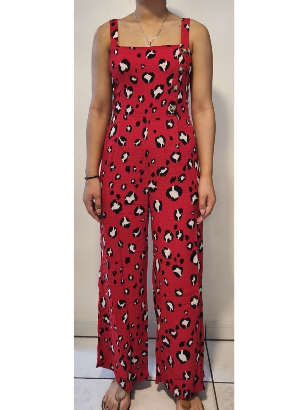 Chelsea & Violet Red Leopard Print Wide Leg Flare Jumpsuit Spaghetti Straps Smal